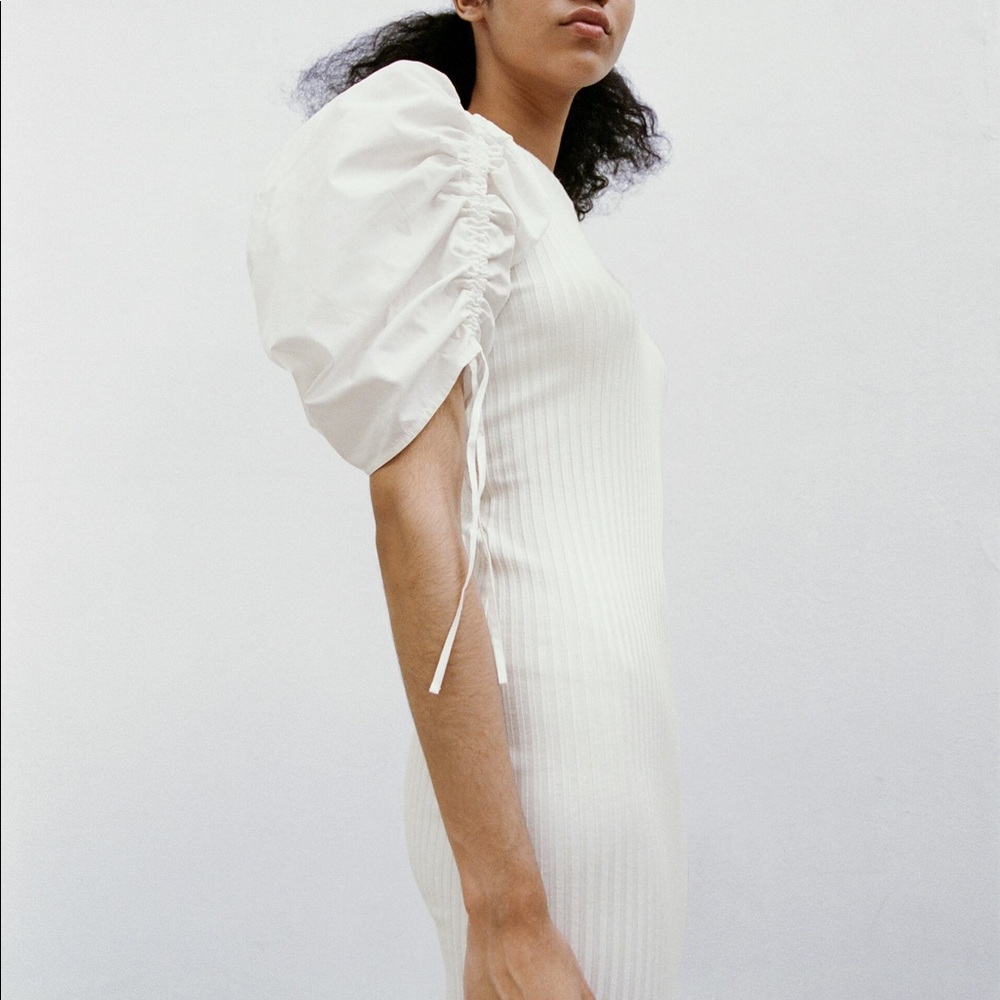 Zara Ribbed Knit Puff Sleeve Back Cutout Midi Dress NWT - Picture 15 of 16